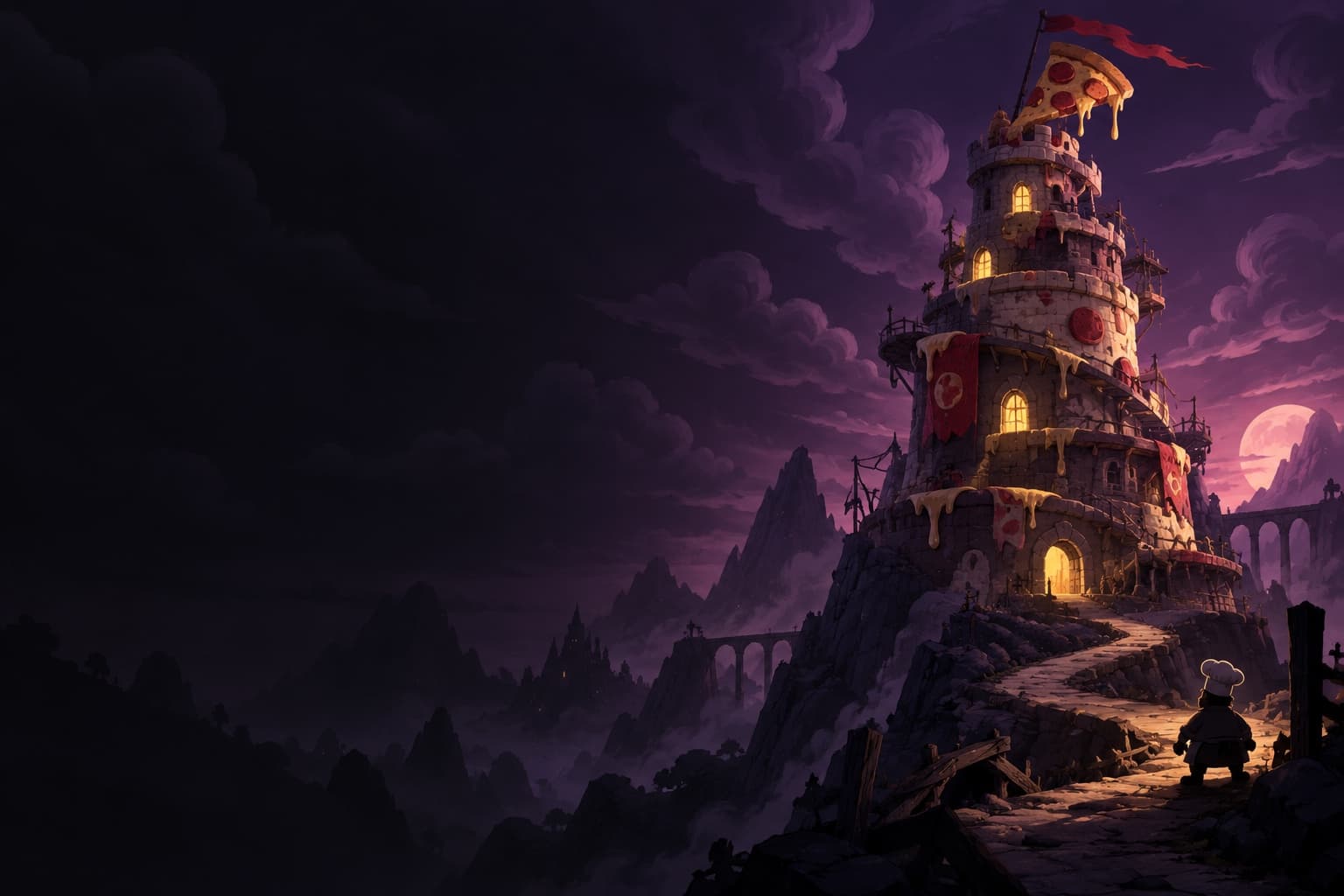 A pizza-themed tower rises above a purple twilight valley, with a chef on the path.